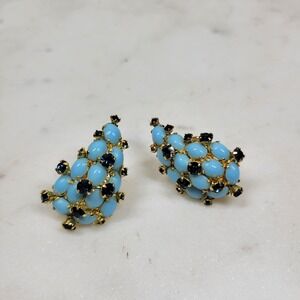 Vendome Cluster Rhinestones Earrings Blue Faux Opal Grapes Gold Tone Signed